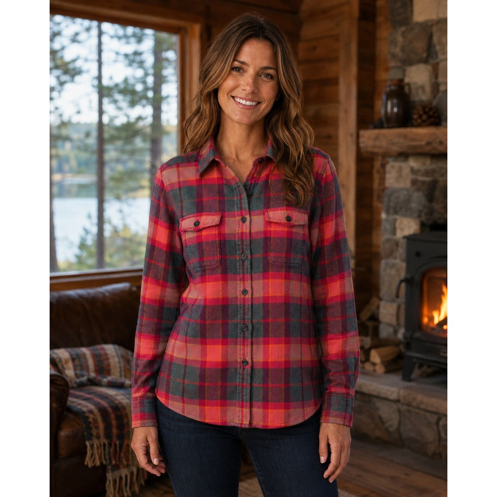 Patagonia Fjord Flannel Shirt Women's 6 Red Gray Plaid Organic Cotton